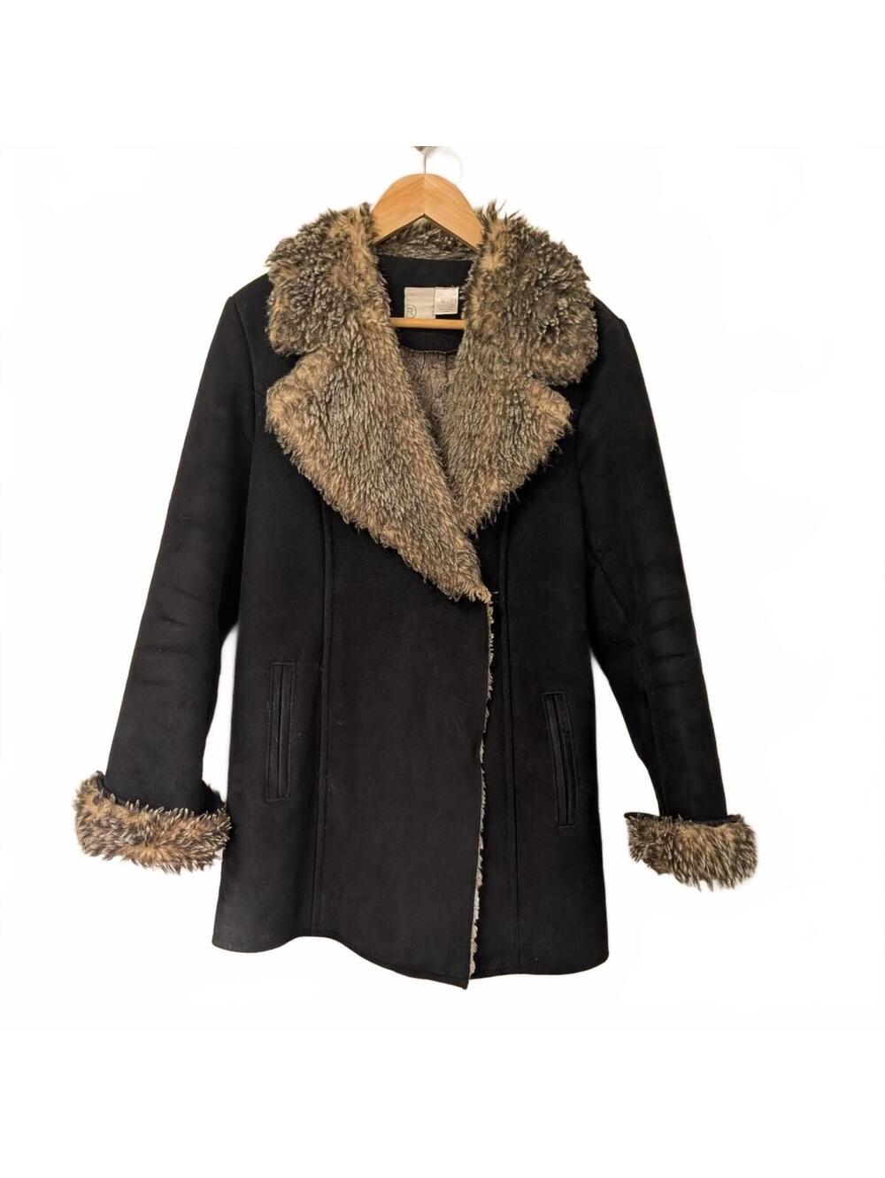 Y2K La Redoute Black Faux Suede Penny Lane Coat Faux Fur M